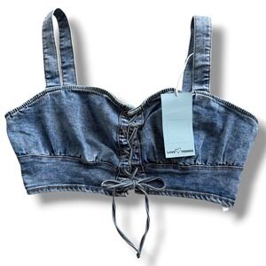 Love Trends Women M Acid Wash Blue Denim Lace Up Corset Sleeveless Crop Top Boho